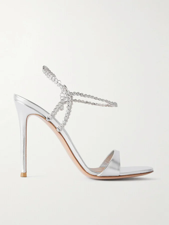 Gianvito Rossi - 90 Crystal-embellished Metallic Leather Sandals - Silver