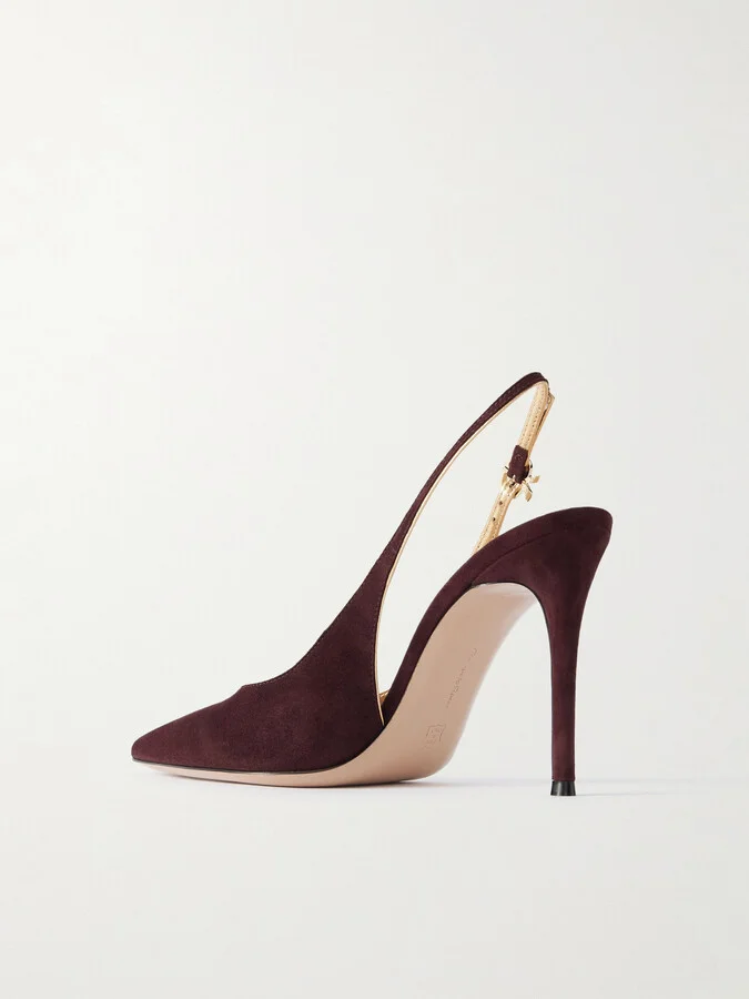 Gianvito Rossi - 95 Metallic Leather-trimmed Suede Slingback Pumps - Burgundy - Image 3