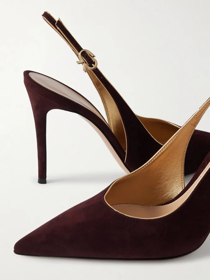 Gianvito Rossi - 95 Metallic Leather-trimmed Suede Slingback Pumps - Burgundy - Image 4