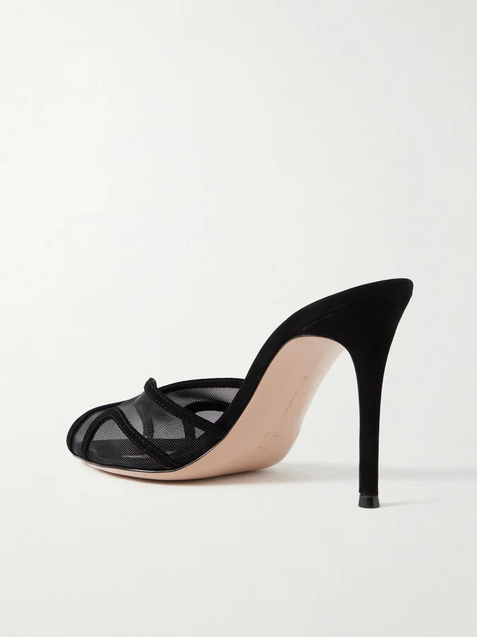 Gianvito Rossi - 95 Suede-trimmed Mesh Mules - Black - Image 3