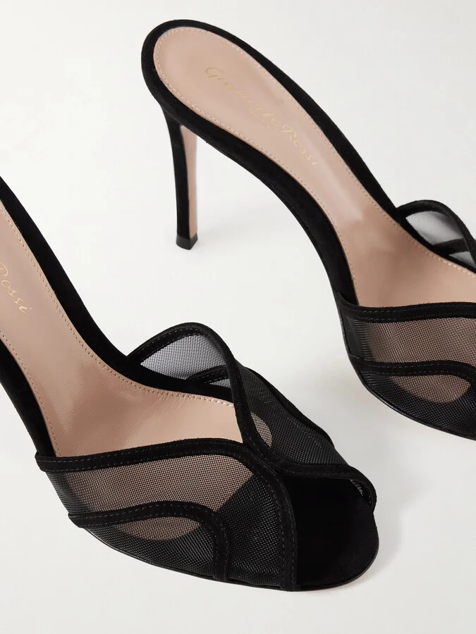 Gianvito Rossi - 95 Suede-trimmed Mesh Mules - Black - Image 4