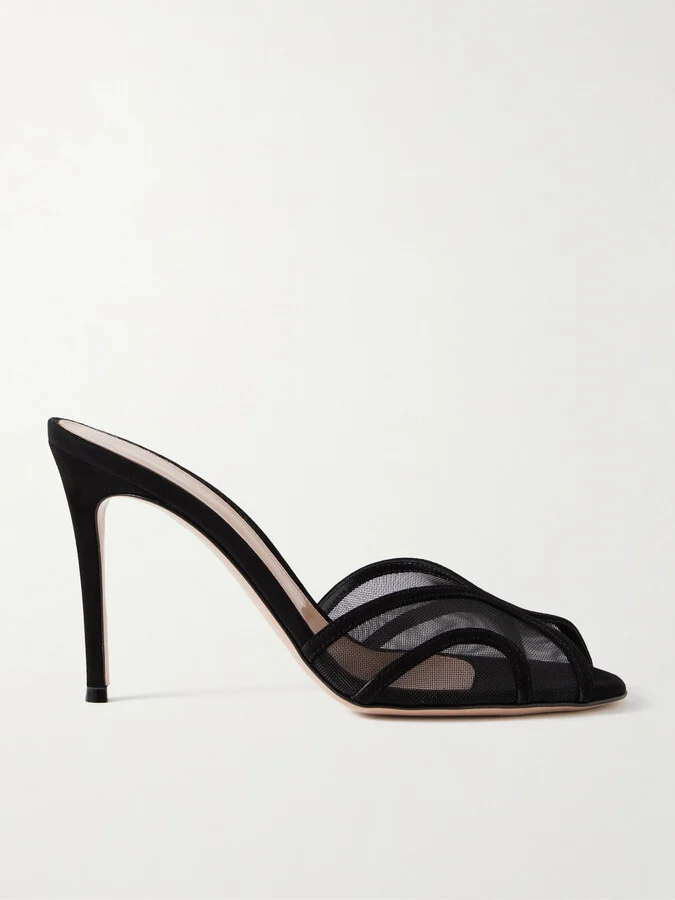 Gianvito Rossi - 95 Suede-trimmed Mesh Mules - Black