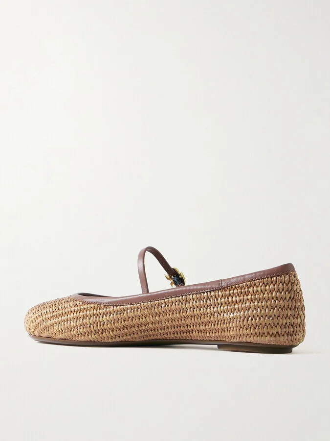 Gianvito Rossi - Carla Leather-trimmed Raffia Mary Jane Ballet Flats - Brown - Image 3