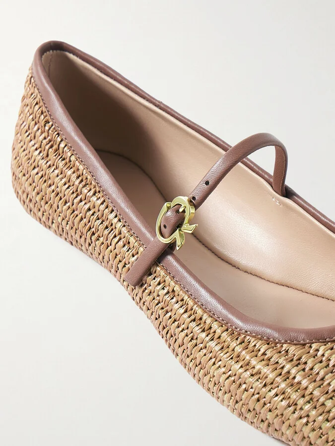 Gianvito Rossi - Carla Leather-trimmed Raffia Mary Jane Ballet Flats - Brown - Image 4
