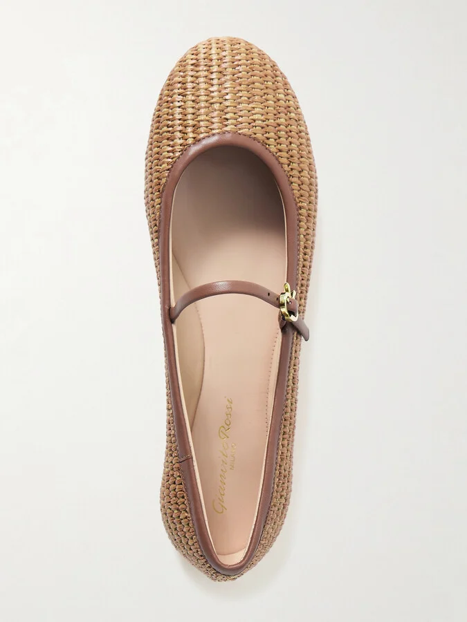Gianvito Rossi - Carla Leather-trimmed Raffia Mary Jane Ballet Flats - Brown - Image 5