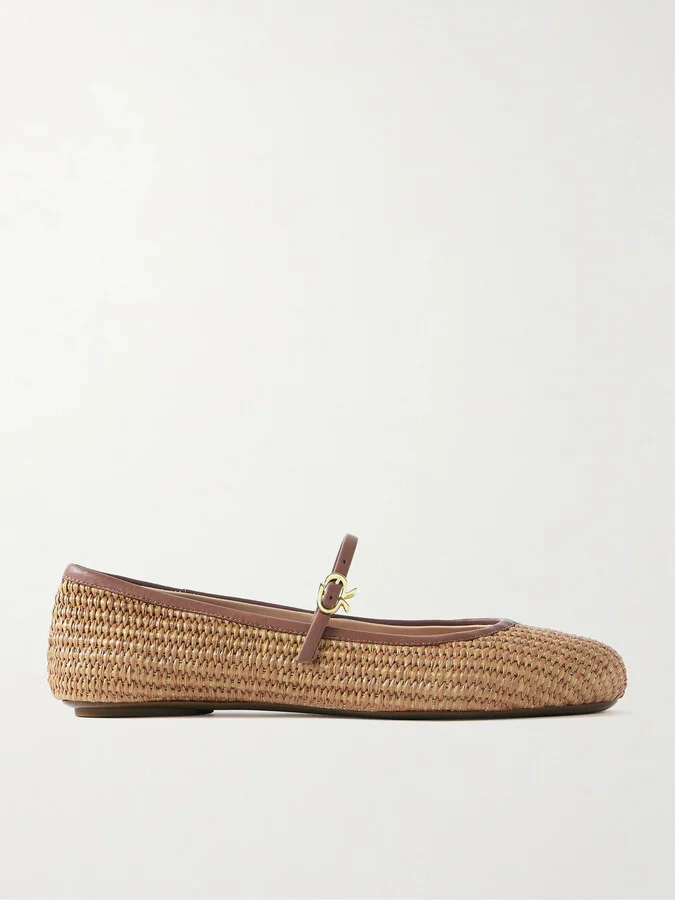 Gianvito Rossi - Carla Leather-trimmed Raffia Mary Jane Ballet Flats - Brown