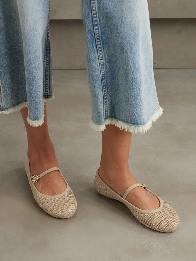 Gianvito Rossi - Carla Leather-trimmed Raffia Mary Jane Ballet Flats - Neutrals - Image 2