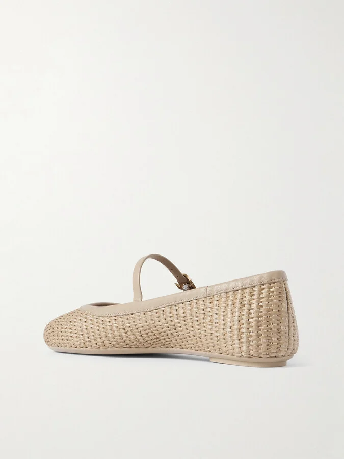 Gianvito Rossi - Carla Leather-trimmed Raffia Mary Jane Ballet Flats - Neutrals - Image 3