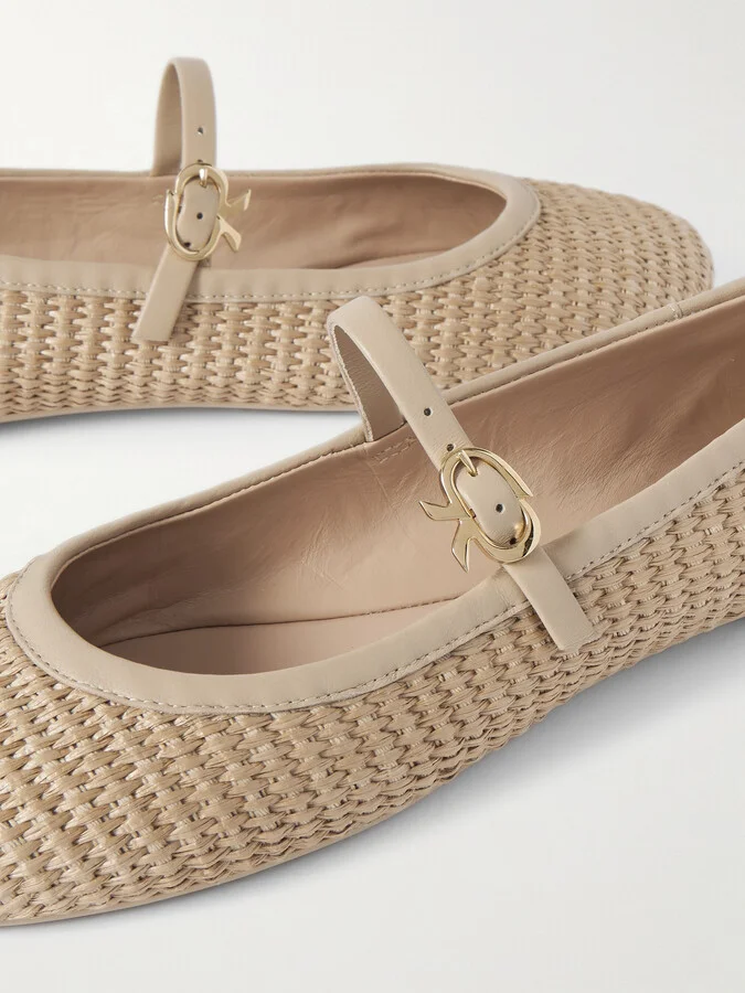 Gianvito Rossi - Carla Leather-trimmed Raffia Mary Jane Ballet Flats - Neutrals - Image 4