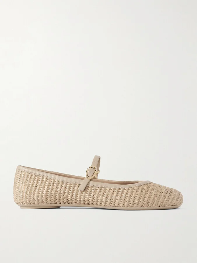 Gianvito Rossi - Carla Leather-trimmed Raffia Mary Jane Ballet Flats - Neutrals