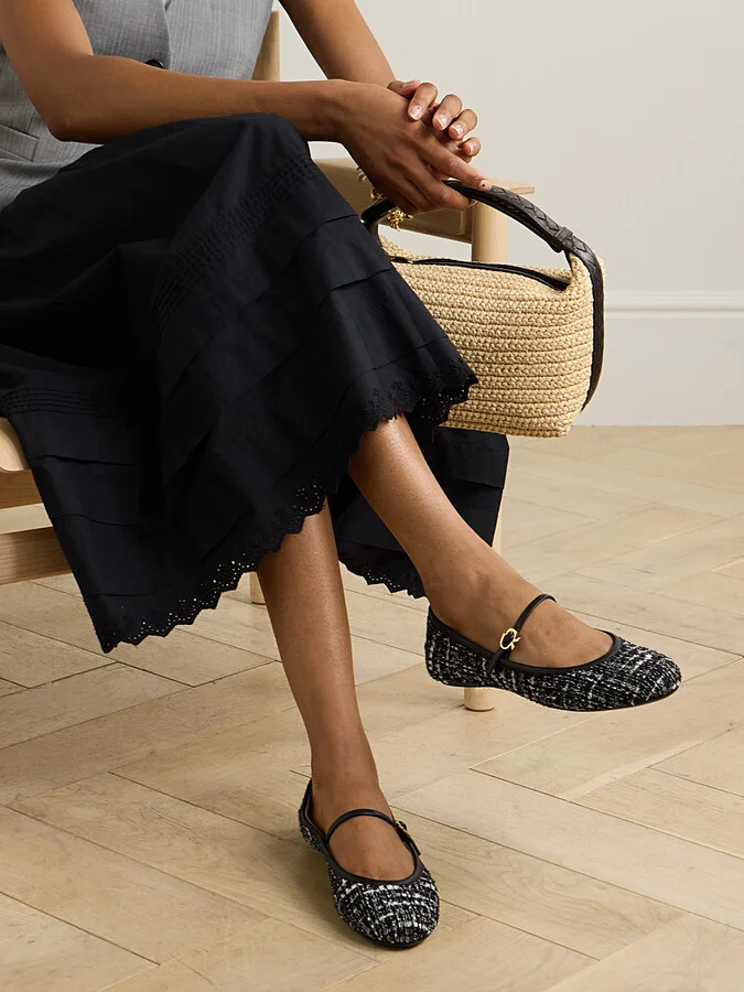 Gianvito Rossi - Carla Leather-trimmed Tweed Mary Jane Ballet Flats - Black - Image 2