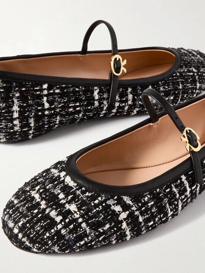 Gianvito Rossi - Carla Leather-trimmed Tweed Mary Jane Ballet Flats - Black - Image 4