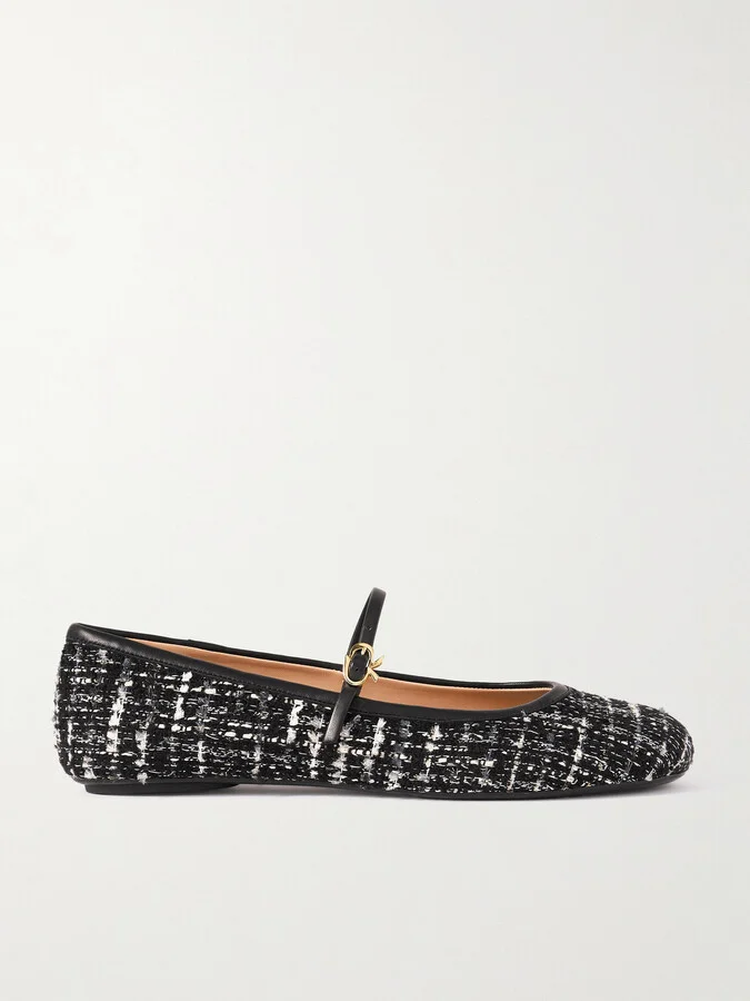Gianvito Rossi - Carla Leather-trimmed Tweed Mary Jane Ballet Flats - Black