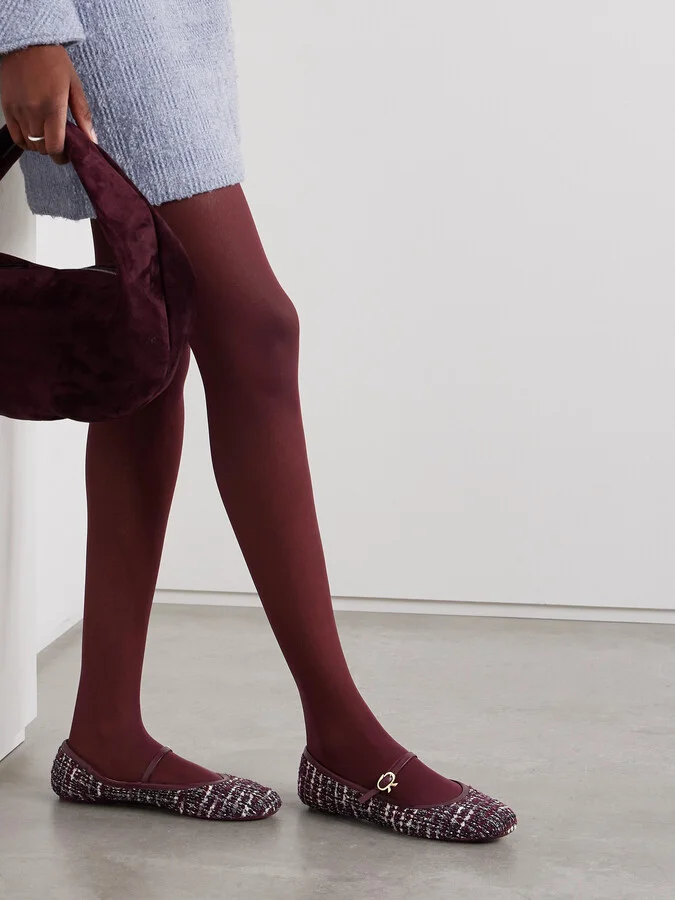 Gianvito Rossi - Carla Leather-trimmed Tweed Mary Jane Ballet Flats - Burgundy - Image 2