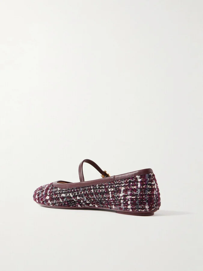 Gianvito Rossi - Carla Leather-trimmed Tweed Mary Jane Ballet Flats - Burgundy - Image 3