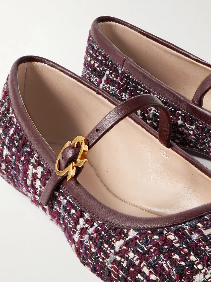 Gianvito Rossi - Carla Leather-trimmed Tweed Mary Jane Ballet Flats - Burgundy - Image 4
