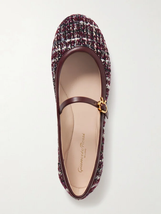 Gianvito Rossi - Carla Leather-trimmed Tweed Mary Jane Ballet Flats - Burgundy - Image 5
