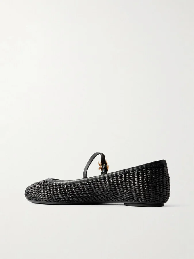 Gianvito Rossi - Carla Marbella Leather-trimmed Raffia Mary Jane Flats - Black - Image 3