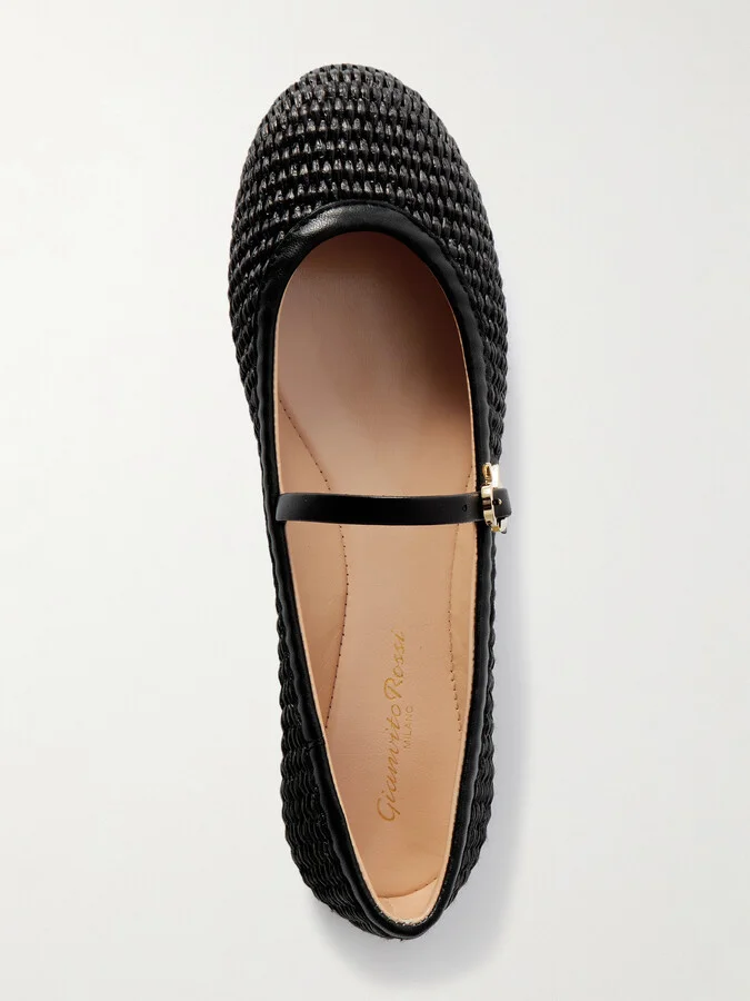 Gianvito Rossi - Carla Marbella Leather-trimmed Raffia Mary Jane Flats - Black - Image 5