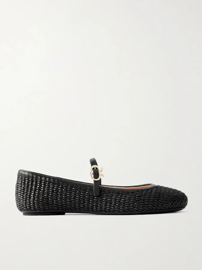Gianvito Rossi - Carla Marbella Leather-trimmed Raffia Mary Jane Flats - Black