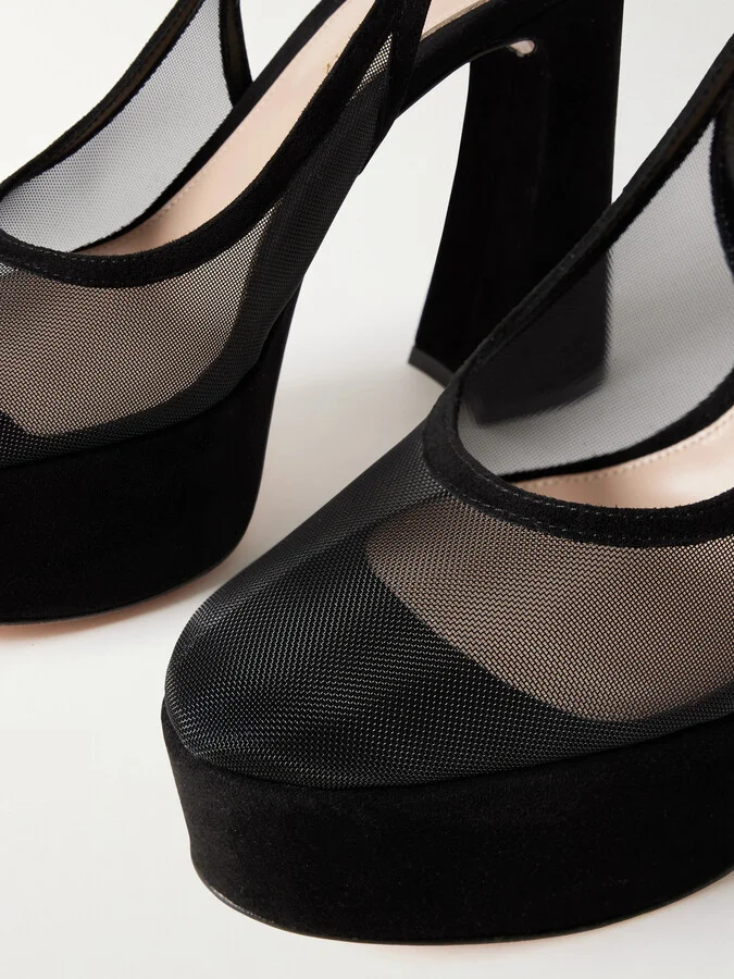 Gianvito Rossi - Chopine 70 Suede-trimmed Mesh Platform Pumps - Black - Image 4
