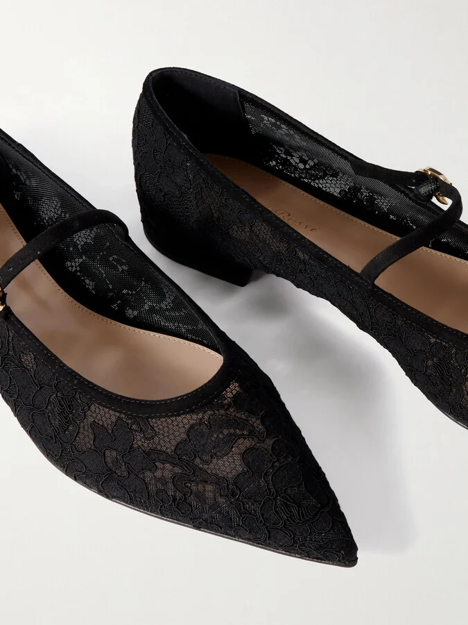 Gianvito Rossi - Claudia Suede-trimmed Lace Mary Jane Flats - Black - Image 4