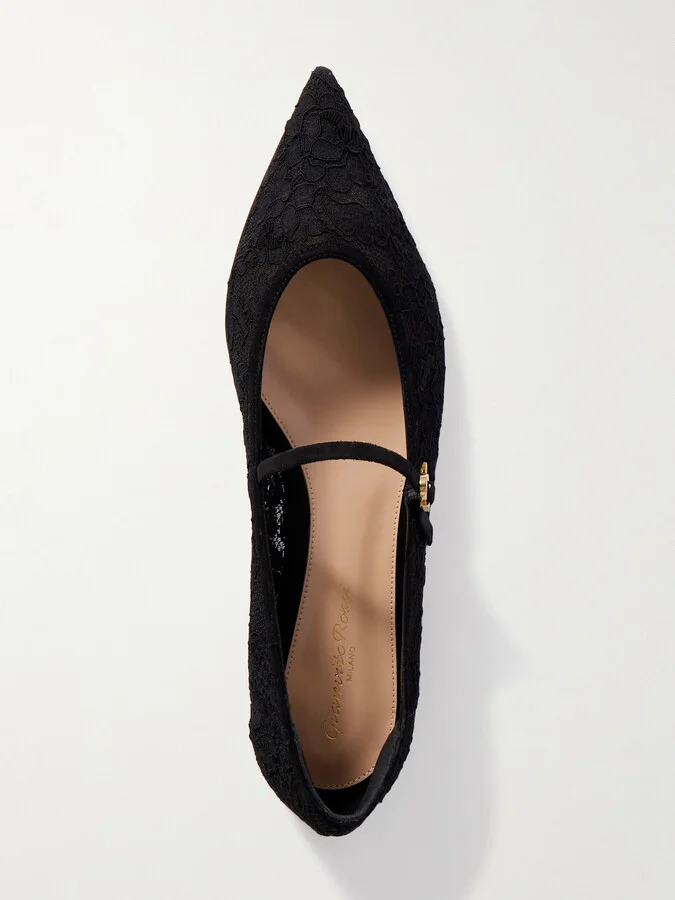 Gianvito Rossi - Claudia Suede-trimmed Lace Mary Jane Flats - Black - Image 5