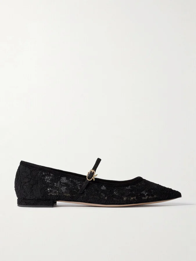 Gianvito Rossi - Claudia Suede-trimmed Lace Mary Jane Flats - Black