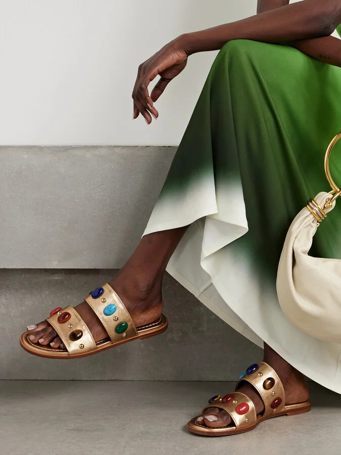 Gianvito Rossi - Embellished Metallic Leather Slides - Gold - Image 2