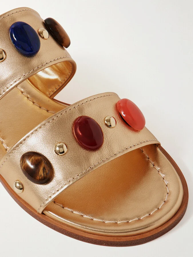 Gianvito Rossi - Embellished Metallic Leather Slides - Gold - Image 4