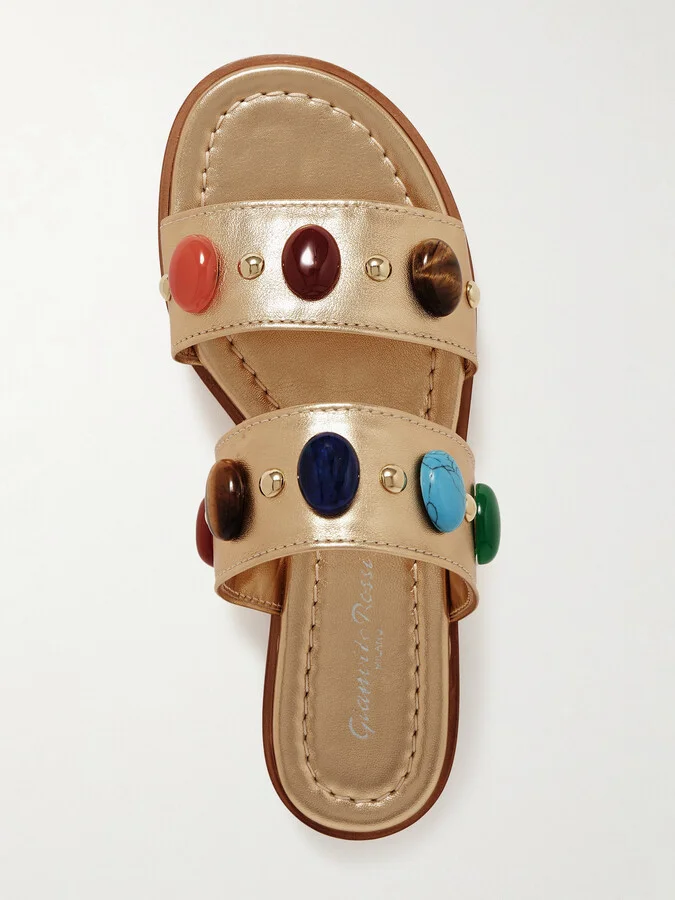 Gianvito Rossi - Embellished Metallic Leather Slides - Gold - Image 5