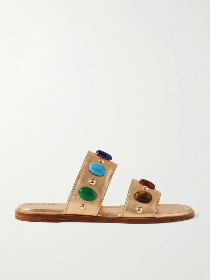 Gianvito Rossi - Embellished Metallic Leather Slides - Gold