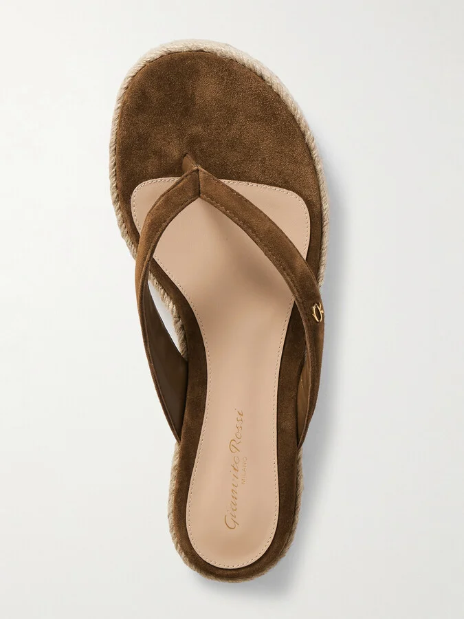 Gianvito Rossi - Embellished Suede Platform Espadrille Flip Flops - Brown - Image 5