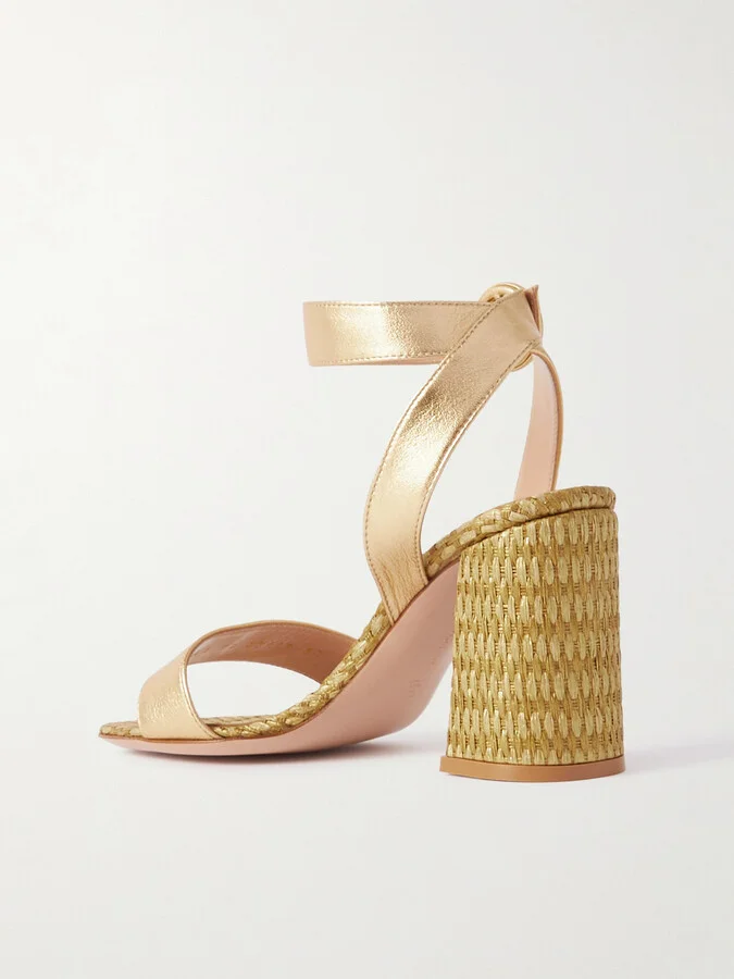 Gianvito Rossi - Luana 85 Leather And Raffia Sandals - Gold - Image 3