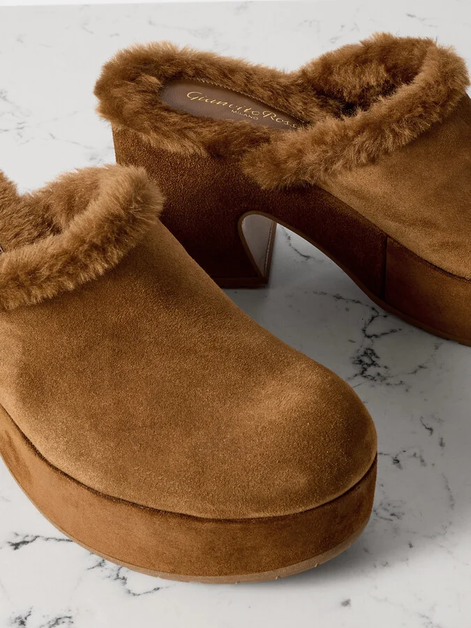 Gianvito Rossi - Lyss 55 Shearling-trimmed Suede Mules - Brown - Image 4
