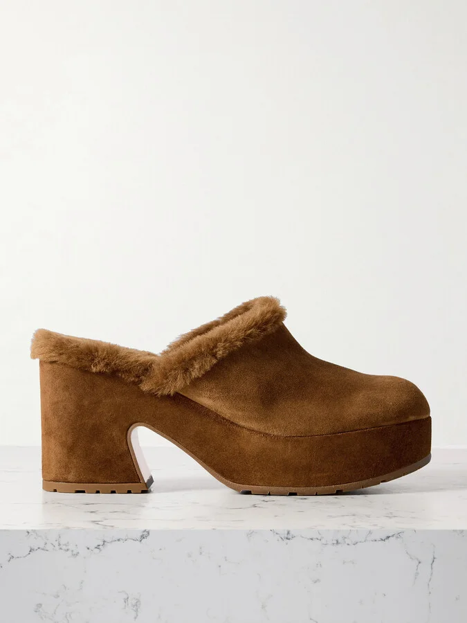 Gianvito Rossi - Lyss 55 Shearling-trimmed Suede Mules - Brown