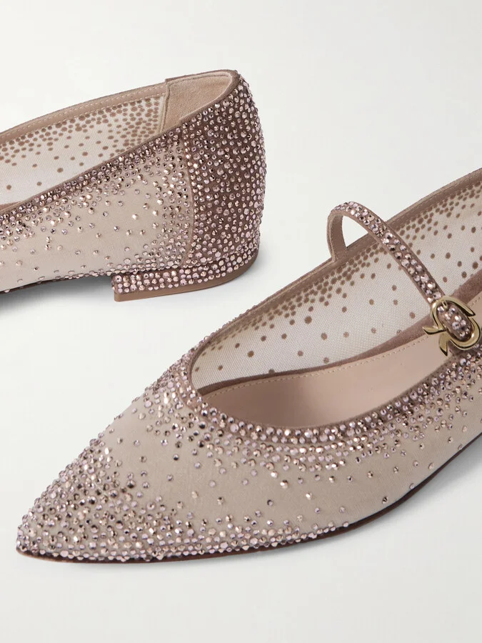 Gianvito Rossi - Rania Crystal-embellished Suede-trimmed Organza Ballet Flats - Neutrals - Image 4