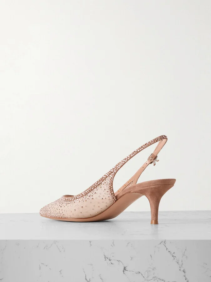 Gianvito Rossi - Regina 55 Suede-trimmed Crystal-embellished Organza Slingback Pumps - Pink - Image 3