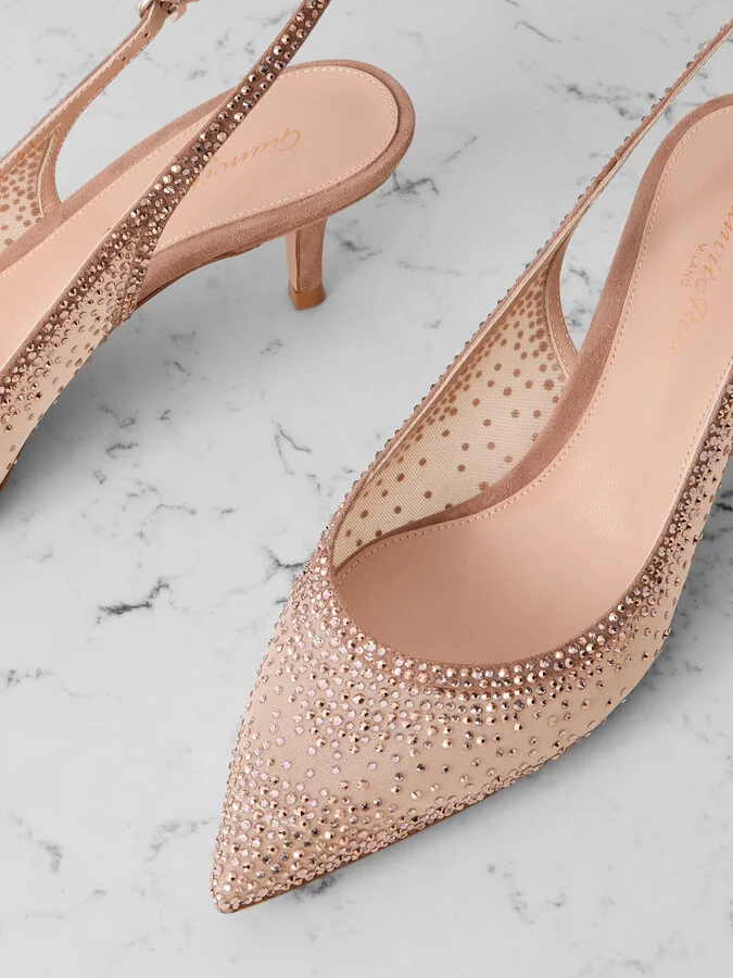 Gianvito Rossi - Regina 55 Suede-trimmed Crystal-embellished Organza Slingback Pumps - Pink - Image 4
