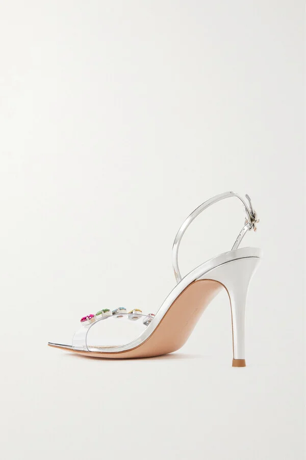 Gianvito Rossi - Ribbon Candy 85 Mirrored-leather And Embellished Pvc Slingback Sandals - Silver - Image 3