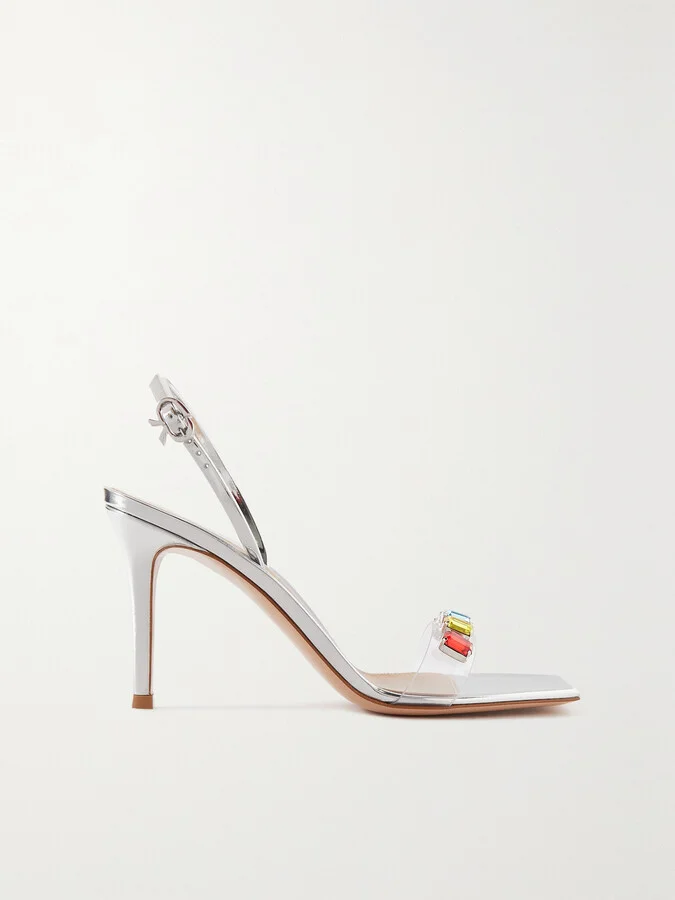 Gianvito Rossi - Ribbon Candy 85 Mirrored-leather And Embellished Pvc Slingback Sandals - Silver
