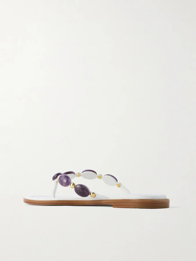 Gianvito Rossi - Shanti Embellished Leather Flip Flops - White - Image 3