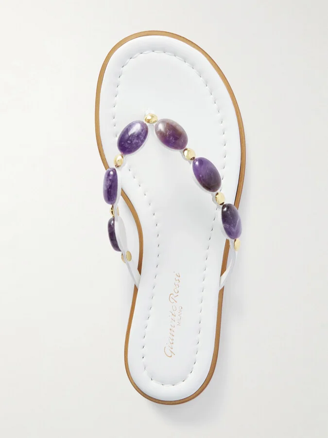 Gianvito Rossi - Shanti Embellished Leather Flip Flops - White - Image 5