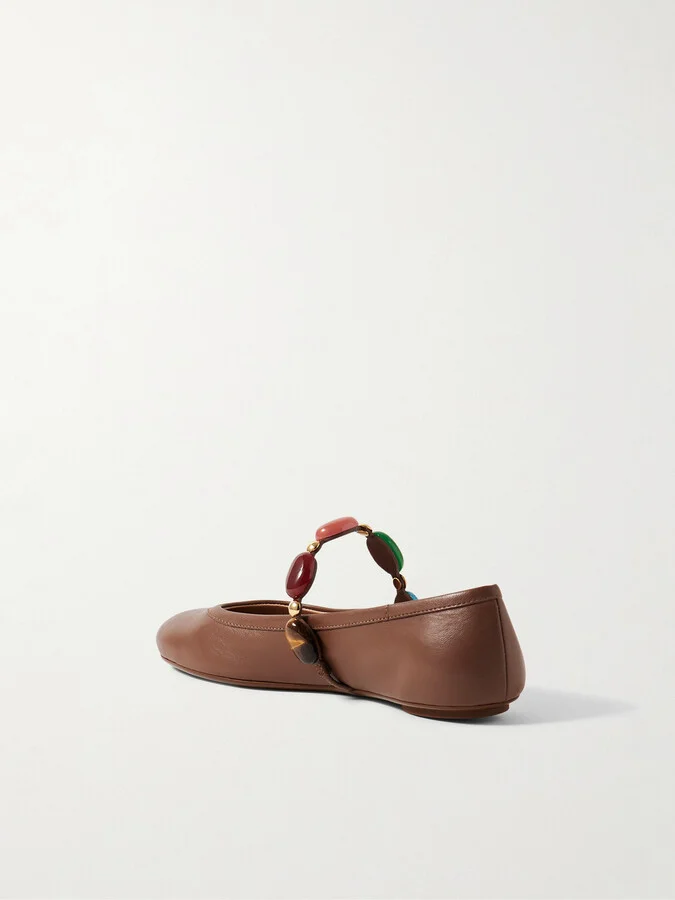 Gianvito Rossi - Shanti Embellished Leather Mary Jane Ballet Flats - Brown - Image 3