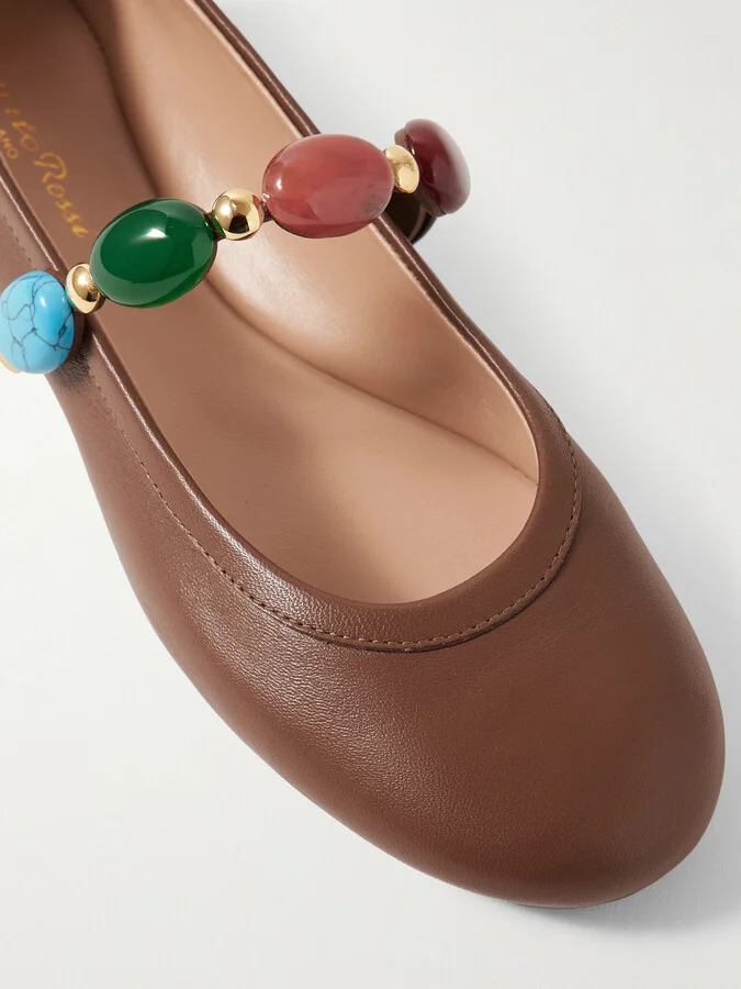 Gianvito Rossi - Shanti Embellished Leather Mary Jane Ballet Flats - Brown - Image 4