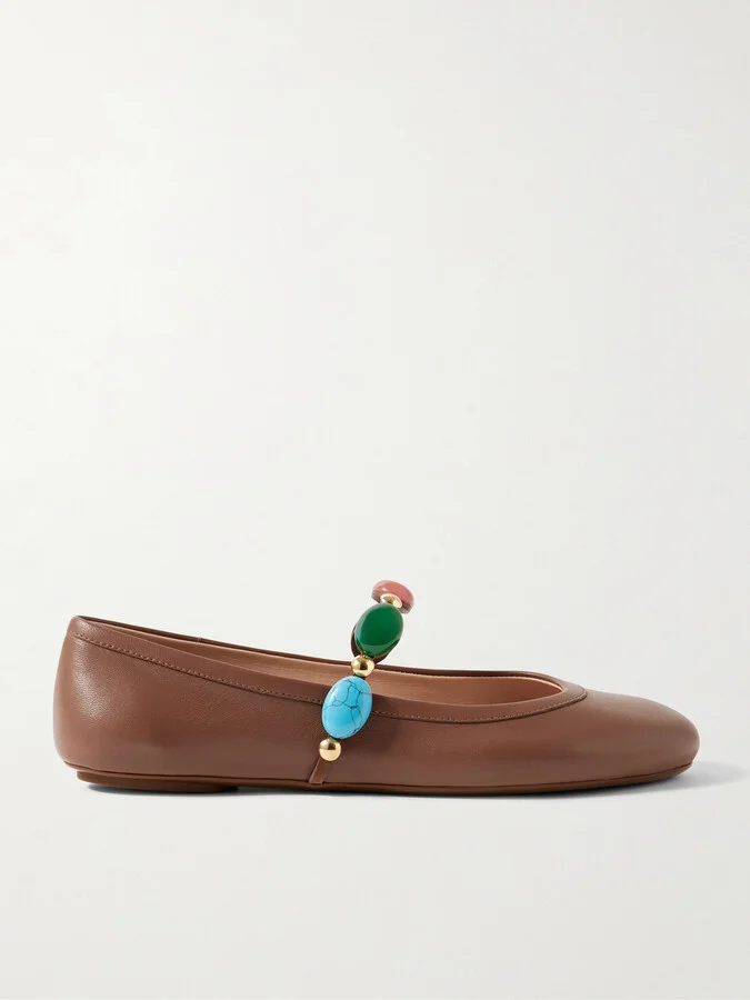 Gianvito Rossi - Shanti Embellished Leather Mary Jane Ballet Flats - Brown