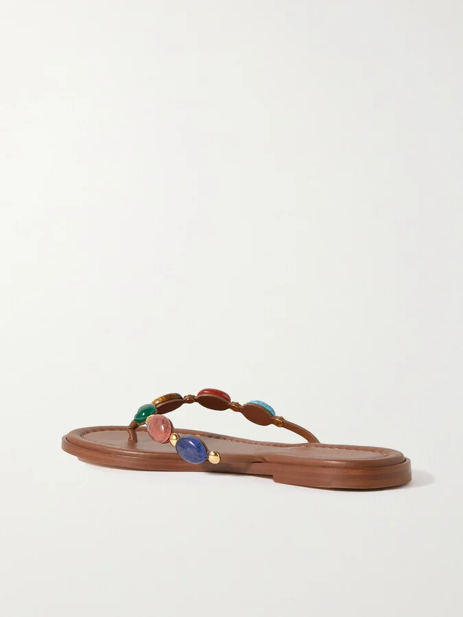 Gianvito Rossi - Shanti Thong Embellished Leather Flip Flops - Brown - Image 3