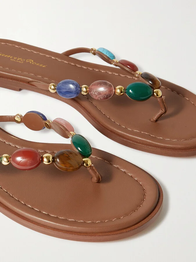 Gianvito Rossi - Shanti Thong Embellished Leather Flip Flops - Brown - Image 4