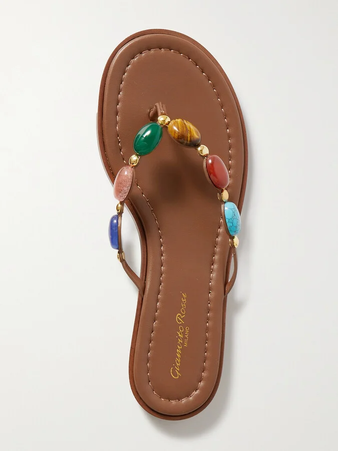 Gianvito Rossi - Shanti Thong Embellished Leather Flip Flops - Brown - Image 5