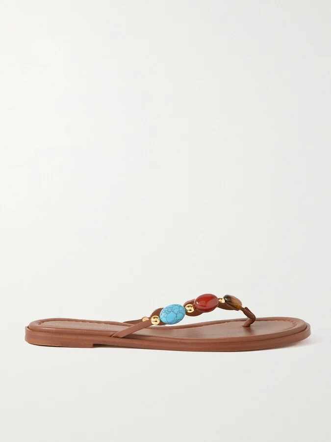 Gianvito Rossi - Shanti Thong Embellished Leather Flip Flops - Brown